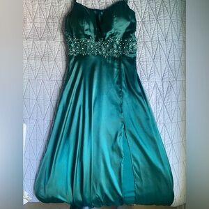 Macy’s dark green silk prom dress with gem detailing, size 1